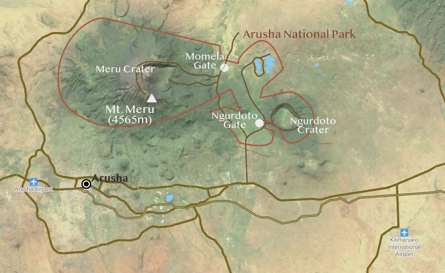 Arusha National Park map showing Mount Meru, Momella Lakes, and Ngurdoto Crater