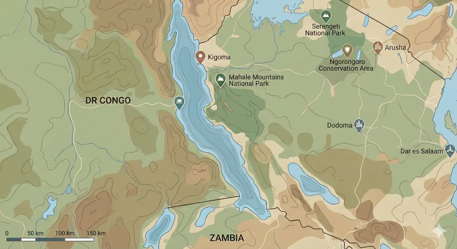 Map showing Lake Tanganyika's location in East Africa, bordering Tanzania, Democratic Republic of Congo, Burundi, and Zambia