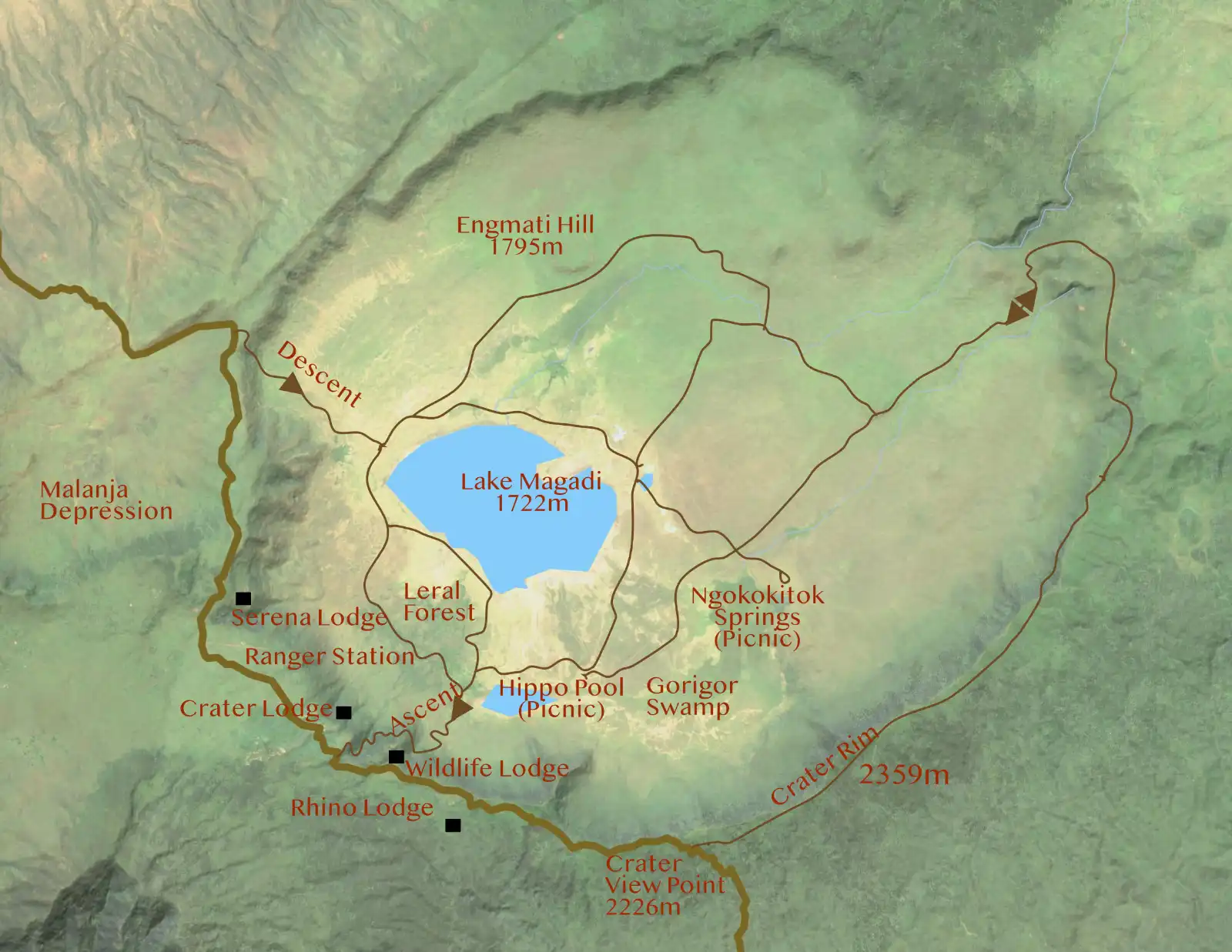 Ngorongoro Crater map showing wildlife areas and key landmarks