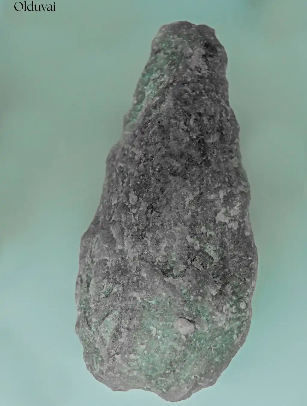 Ancient stone hand axe tool discovered at Olduvai Gorge, showing early human technological advancement