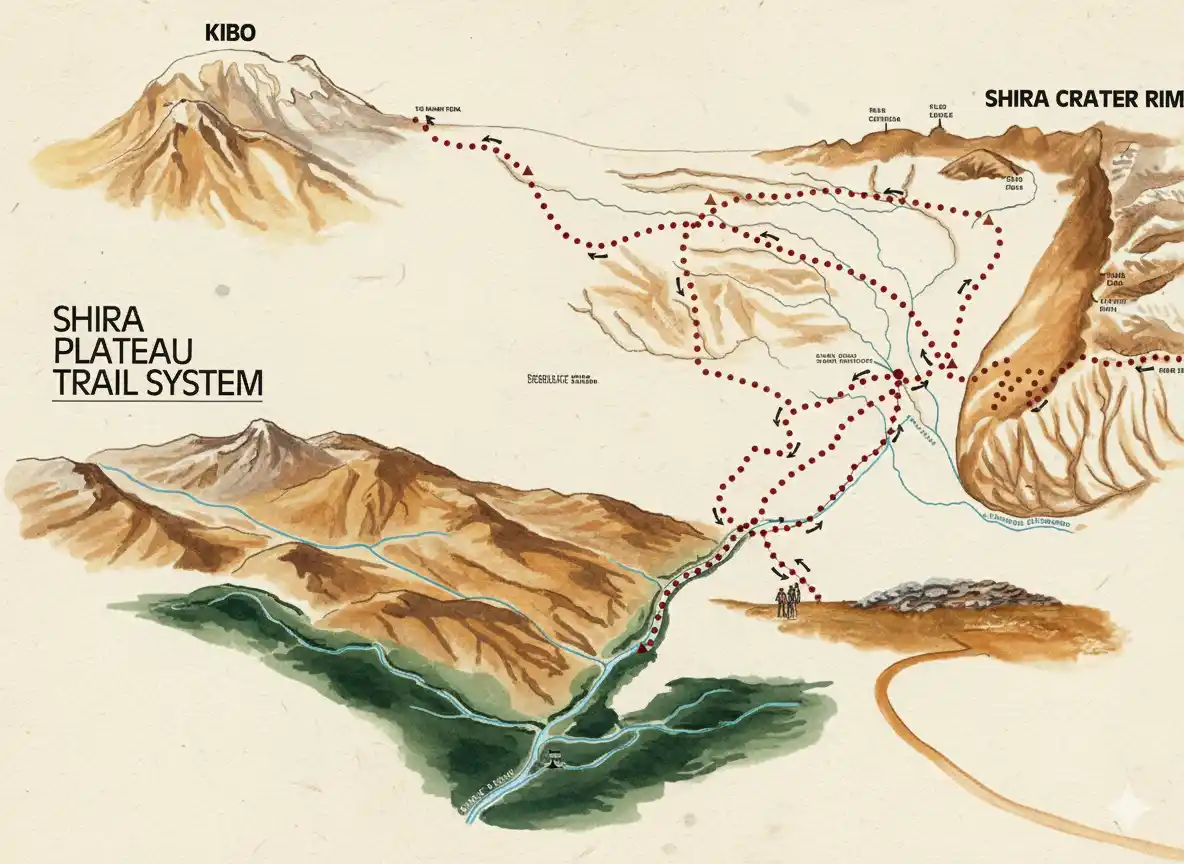 Map showing trekking routes to Shira Camp on Mount Kilimanjaro